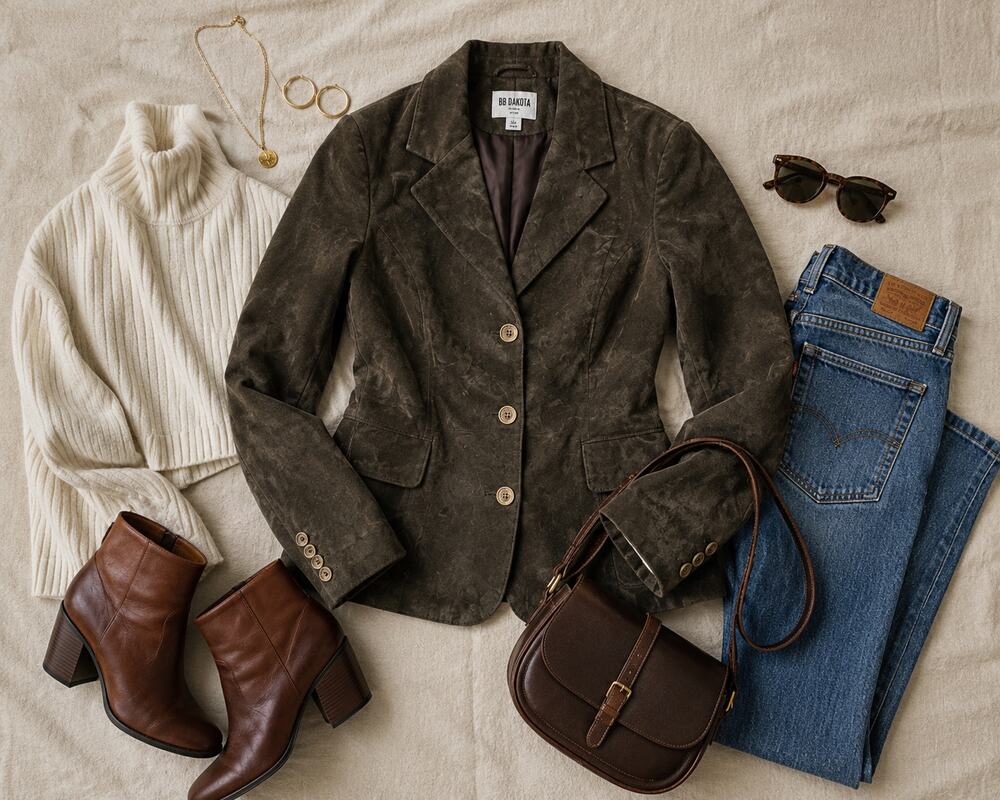 BB Dakota Genuine Suede Leather Jacket‎ Olive Brown Size Large Tailored Blazer